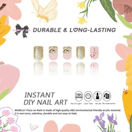 Christmas Press on Nails Short Square MABKJLF French Tip Fake Nails Winter False Nails with Cane Candy Gold Glitter Designs Glossy Glue on Nails Xmas Acrylic Nails for Women Girls 24 Pcs