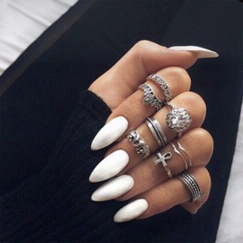 Allereya Almond Print On Nails White Stiletto Fake Nails Tapered Clip On Nails Medium French Full Cover Acrylic Nails Tips Portable Fingernails for Women and Girls Pack of 24 (White)