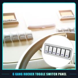 X AUTOHAUX 6 Gang Rocker Switch Panel 3 Pin on OFF Pre-Wired Toggle Switch Control Waterproof Aluminum Alloy Blue LED Light Push Button for 12V 24V Silver Tone