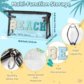 Belanttega Preppy Patch Cosmetic Bag - Summer Beach Chenille Varsity Letter Clear Toiletry Bag Aesthetic Waterproof Portable Makeup Bag Clutch Purse Travel Beach Bag for Women Girls(Gradient Blue)