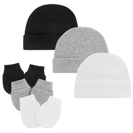 Zando Baby Hats and Mittens Infant Beanie Caps 3-Pack Black/White/Grey Newborn Hospital Hat Essentials Must Haves Warm Knit Beanie Safety Anti-Scratch Gloves for Baby Boys Girls 0-6M