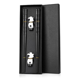 Bacchette giapponesi in fibra di vetro nero, 2 paia con 2 panda in ceramica, per sushi, bacchette riutilizzabili, lavabili per lavabili, con confezione regalo