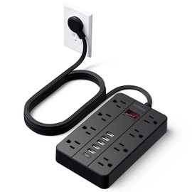 Power Strip Surge Protector, HUNIAN Flat Plug 10 Ft Long Extension Cord with 8 Widely Spaced Outlets 6 USB (1 USB C Port), Wall Mount Charging Station for Home and Office