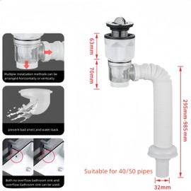 Wuyue Hua Bathroom Sink Drain Kit with Flexible Expandable P-Trap Sink Drain Pipe Tube Anti-Odor Bathroom Sink Drain Pipe for 1-1/4",1-1/2" and 2'' Drain Hole (Flip Style)