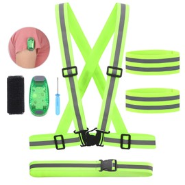 Glarks 5Pcs Night Reflective Sash and Vest Assortment Kit, High Visibility Adjustable Reflective Vest and Reflective Sash with Reflector Armbands and LED Running Light Set for Outdoor