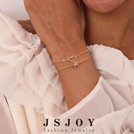 JSJOY Initial Bracelet Dainty Gold Bracelets for Women Stack Teacher Gifts First Day of Shool Heart Letter Bracelet Friendship Gifts for Women Birthday Unique
