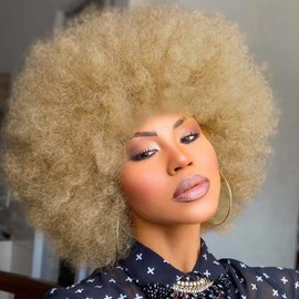 MYCNIMY Afro Wigs for Black Women 70s Afro Curly Wigs Soft Natural Looking Fluff and Bouncy Black Afro Wigs Synthetic Hair Big Afro Wig for Daily Party Cosplay Costume(Blonde)