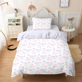 INTOMENG Colourful Heart Bedding Single Bed Duvet Cover Set for Girls Women Single Quilt Cover with Zip Fastening 3D Heart Microfibre Bedding 135×200cm Matching Pillowcase 50×75cm 2 pcs Light Purple