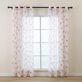L.Z.E Leaf Sheer Curtains for Living Room 96 Inches Long, Spring Red Plant Pattern Elegant White Natural Curtains & Drapes for Bedroom Dining Room, Window Treatment Grommet Top, 2 Panels Set