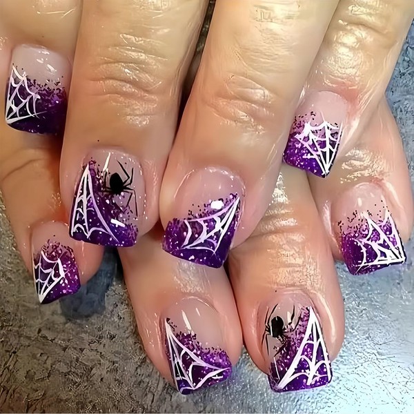 BFY Halloween Press on Nails Short Square, Spider Web Fake