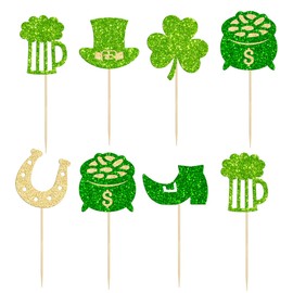 Gyufise 24Pcs St Patrick's Day Cupcake Toppers Green Glitter Shamrock Lucky Four Leaf Clover Cupcake Picks Decorations for St Patrick's Day Theme Baby Shower Birthday Party Supplies