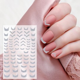 6 Sheets 3D French Manicure Strips, Self-Adhesive French Tip Sticker Nail Sticker, Silver Glitter Curved Lines Nails Art Designs for Women DIY Nail Art Accessories
