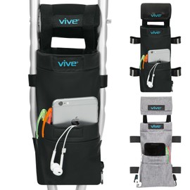 Vive Crutch Bag & Hand Grip Pads - Water-Resistant Pouch with Foam Padding - Tote for Broken Leg Crutches with Storage Pockets - Ergonomic, Orthopedic, Lightweight - Medical Crutch Accessories (Black)