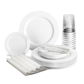 " OCCASIONS" 840pcs set (120 Guests)-Heavyweight Wedding Party Disposable Plastic Plate Set-120 x 10.5'' + 120 x 6.25'' +Silverware+Cups+Napkins (Plain White)