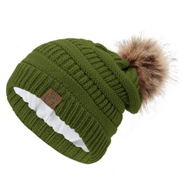 Winter Hats for Women Satin Lined Slouchy Beanie with Pom Pom Silk Lined Beanie Winter Hat Unique Gifts for Women Olive Green
