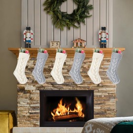 Kunyida 18 Inches Ivory and Gray Knit Christmas Stockings Bulk Double Side Vintage Family Xmas Stockings for Fireplace and Home Decor,6 Pack
