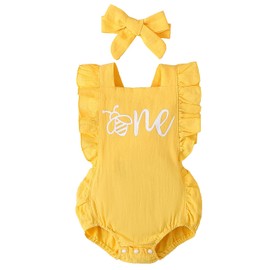 Shalofer Baby Girl First Birthday Outfit Bee 1st Birthday Bodysuit with Headband(Yellow-Bee, 12-18 Months)