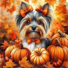 RICUVED Dog Diamond Art Kits for Adults, Autumn Diamond Painting Kits for Beginners, Pumpkin DIY 5D Full Round Drill Gem Crystal Rhinestone Art and Craft Kit for Gift Home Wall Decor 12x12Inch