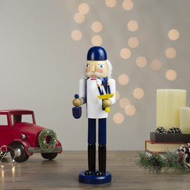 Northlight 14" Blue and White Wooden Hanukkah Nutcracker with Dreidel and Menorah