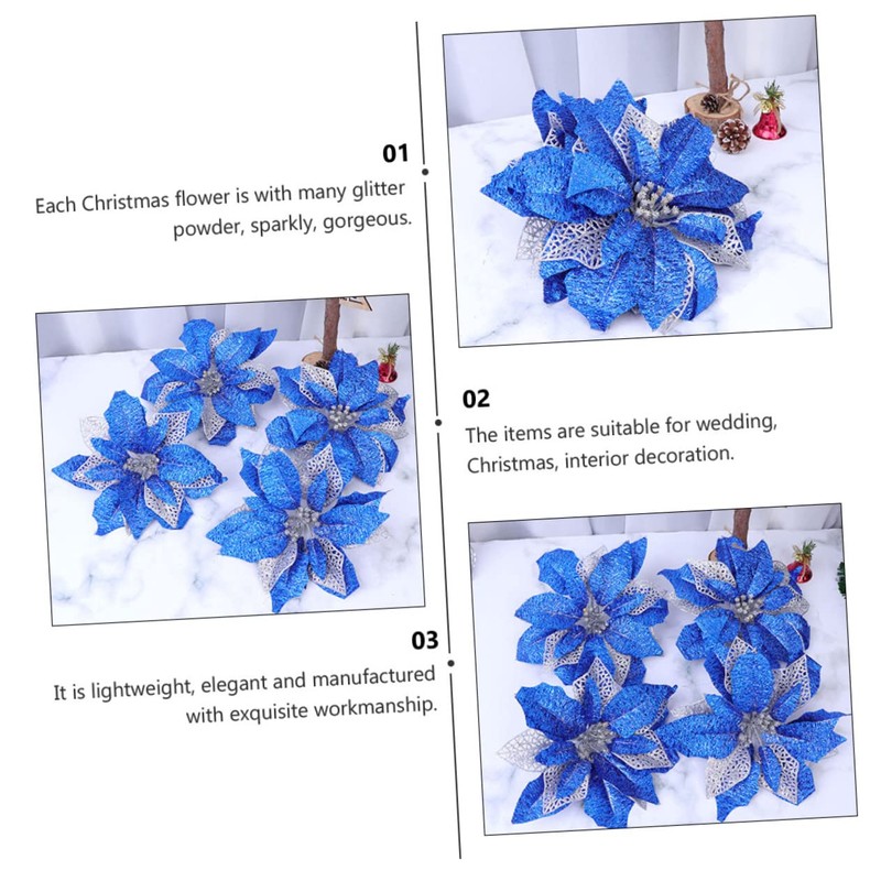 Ciieeo 5Pcs Blue Hexagonal Gold Thread Christmas Decorative Flowers for