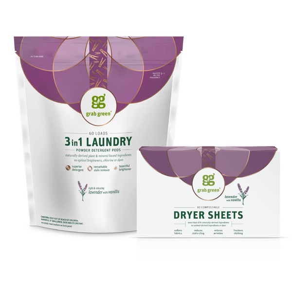 Grab Green 3-in-1 Laundry Detergent Pods and Dryer Sheet Bundle, 60 Count Pods and 80 Dryer Sheets, Lavender Vanilla Scent, Plant and Mineral Based Laundry Care Set, Packaging May Vary