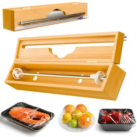 15'' Bamboo Plastic Wrap Dispenser with Cutter - Kitchen Wrap Dispenser with Cutter for Plastic Wrap,Parchment Paper Roll - Aluminum Foil Dispenser for Kitchen, Compatible with Up to 15'' Roll