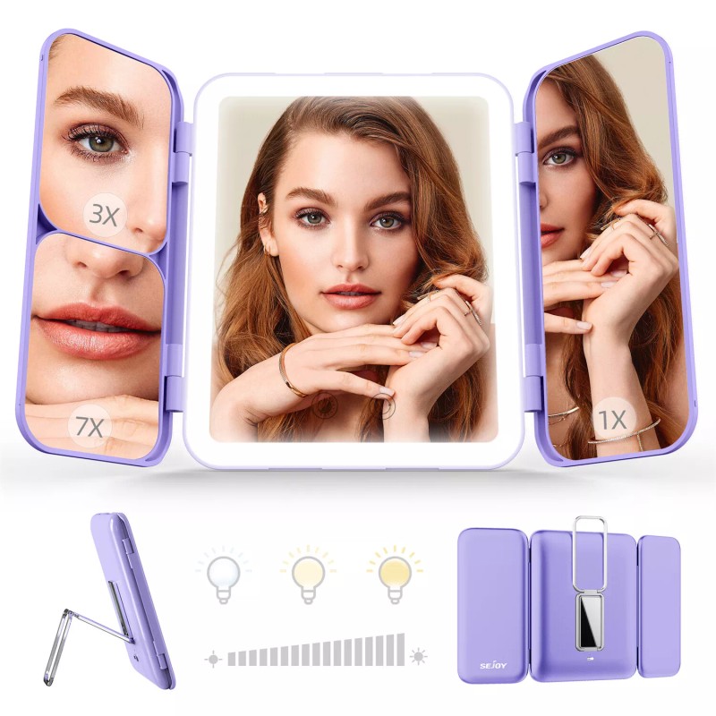 Sejoy Tri-fold LED Makeup Mirror Magnifying Touch Rechargeable Travel Pocket