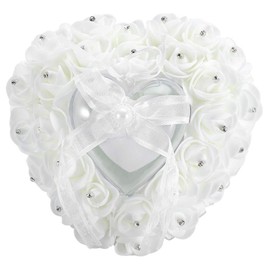 Wedding Cushion Pillow Romantic Heart Shaped Wedding Box Rose Rhinestone Decorative Jewellery Boxes(White)
