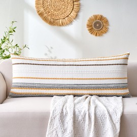 HomGoodz Boho Lumbar Throw Pillow Cover 14x36 Inch, Farmhouse Long Decorative Striped Textured Body Pillow Case for Couch Sofa Bed,White and Orange Woven Accent Cushion Pillowcases,Pack of 1