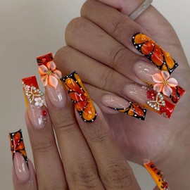 MERVF Press on Nails Long Square, Orange Black French Tip Fake Nails, 3D Flower Butterfly Glue ons Charms Acrylic Nail Ombre Design Glossy 24pcs