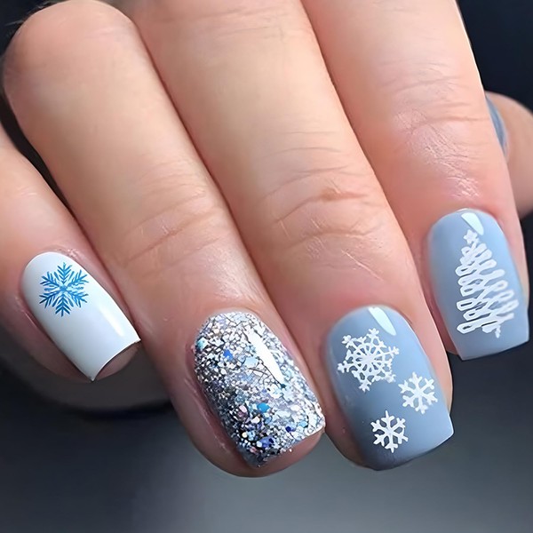24Pcs Christmas Press on Nails Short Square Snowflake False Nails