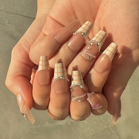 BABALAL Coffin Press-on Long Fake Nails Glue-on Acrylic Rhinestone Ballerina Stick-on Nails for Women and Girls, 24Pcs Plaid