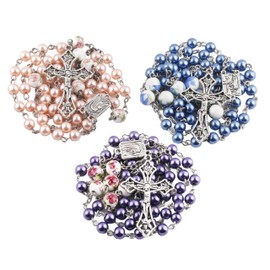 HELLOWIN 6mm Glass Pearl Catholic Women Rosary Beads Necklace Lourdes Medal & Crucifix Girls Ceramics Beaded Necklace, Regular Size, Glass, No Gemstone