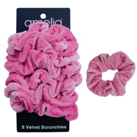 Amelia Beauty, Pink Velvet Scrunchies, Medium 3.5in, Gentle on Hair, Strong Hold, No Snag, No Dents or Creases. 8 Pack