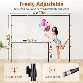 EMART Backdrop Stand, 8.5ft Height 10ft Width Adjustable Photography Background Support Poles with Heavy Duty Flat Base, Photo Metal Steel Pipe and Drape Frame Kit for Parties Birthday Wedding - Black