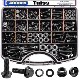 Taiss 400PCS Metric Flange Bolt Assortment kit,10.9 Grade M6x1.0, M8x1.25, M10x1.5 Bolts (12mm to 45mm) Black zinc Plating Hex Bolts and Nuts Washers,Metric Bolt Assortment