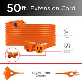 UltraPro Outdoor Extension Cord, 50 Ft, 3-Outlet Extension Cord Outdoor, Heavy Duty 3 Prong Extension Cord, 125 VAC Extension Cord with Multiple Outlets, Long Extension Cord, 1 Pack, Orange, 67836