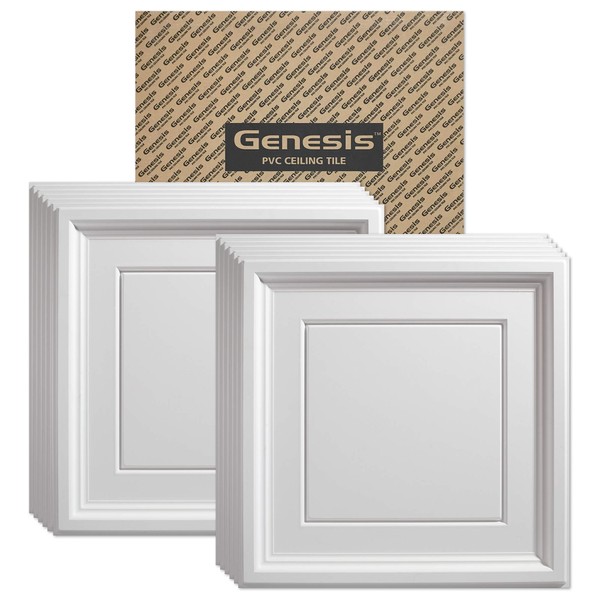 Genesis 2ft x 2ft White Icon Coffer Ceiling Tiles - Easy Drop-in Installation – Waterproof, Washable and Fire-Rated - High-Grade PVC to Prevent Breakage - Package of 12 Tiles