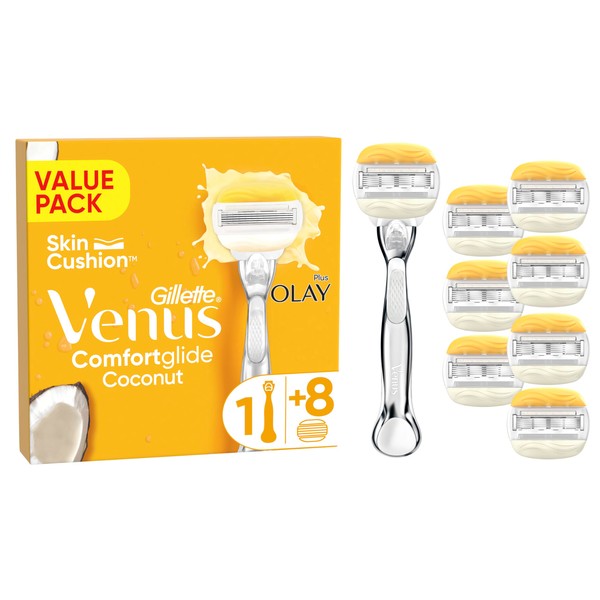 Gillette Venus ComfortGlide Coconut with Olay Women's Razor + 8 Razor Blade Refills, Lubrastrip with A Touch of Vitamin E, 2 Flexible Gel Bars For A Comfortable Shave