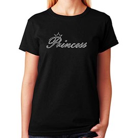 Women's/Unisex T-Shirt with Crystal Princess in Rhinestones (Black Crew Neck, Medium)