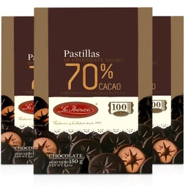 La Iberica Pastillas de Chocolate Negro 70% Cacao Peruano 5.3 oz | Dark Chocolate 70% Peruvian Cocoa Pastilles 3 Pack