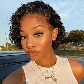Pixie Cut Short Bob Glueless Wigs Human Hair Pre Plucked Pre Cut Deep Wave Lace Front 13x4 Hd Lace Curly Lace Frontal Wigs for Black Women Glueless Wig 6 Inch