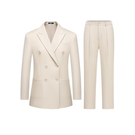 YILOTE Women's 2 Piece Double Breasted Blazer and Wide Leg Pants Pocket Business Casual Office Suit Beige