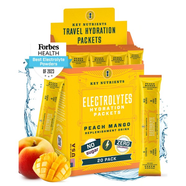 KEY NUTRIENTS Electrolytes Powder Packets - Tropical Peach Mango 20 Pack Hydration Packets - Travel Hydration Powder - No Sugar, No Calories, Gluten Free - Made in USA