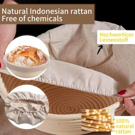 Bitcoraje Gärkorb Rund Brot 25cm, Brotkorb aus Rattan, Set zur Herstellung von Brot, mit Linen-Stofffutter, Schaber, für Teig, Pizza und Sauerteiggebäck