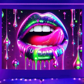 BlissYard Neon Glow Lips Blacklight Tapestry, 71x74 Inch, Glitter Drip UV Reactive Wall Hanging for Bedroom, Aesthetic Glow in the Dark Party Decor, Neon Pink Green Galaxy Lips Wall Art for Room Decor