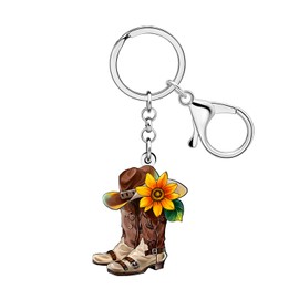 DOWAY Acrylic Cowgirl Cowboy Boot Keychain Vintage Hat with Sunflower Key Chain Accessories Purse Charms Gifts for Women Girl (Brown)