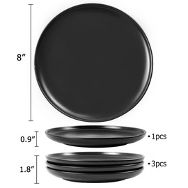 JUKFITA 8" Porcelain Dinner Plates Ceramic Salad Plate Set of 3 Restaurant Dessert Matte Dishes Round fit Steak Fruit Pasta Pancake Microwave Dishwasher Safe, Black