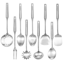 304 18/10 Stainless Steel Kitchen Utensils Set 9 Pcs Long Cooking Utensil, Spatula, Soup spoon, Leaking shovel, Ladle, Tunner, Pasta Server, Meat Fork Kitchen Tools Set (9 Pieces Set)