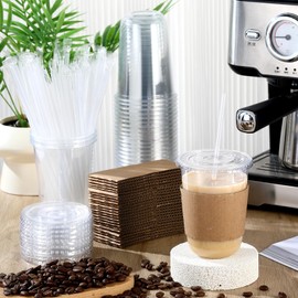 Ziliny 50 Sets Clear Plastic Cups with Lids Straws and Cup Sleeve, Disposable Plastic Iced Coffee Cup for Cold Drinks Juice Smoothie Coffee Shops Party Catering (16 oz)